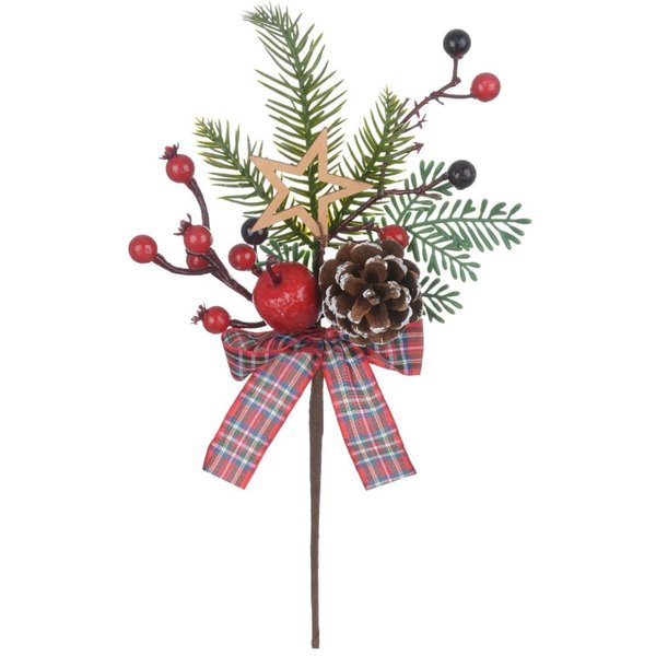 galho decorativo c pick berry vermelho e pinha 32 cm